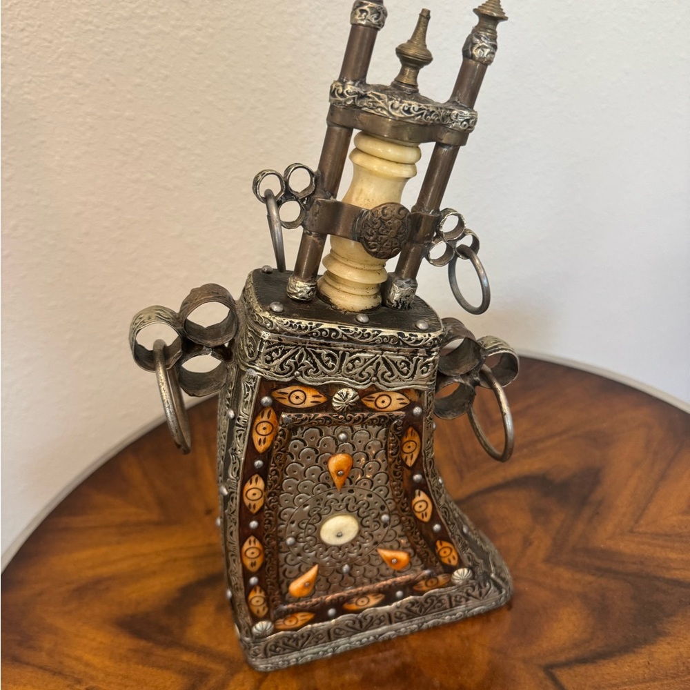 Antique Moroccan Tribal Gun Powder Flask / Case Hand Hammered With Bone Neck